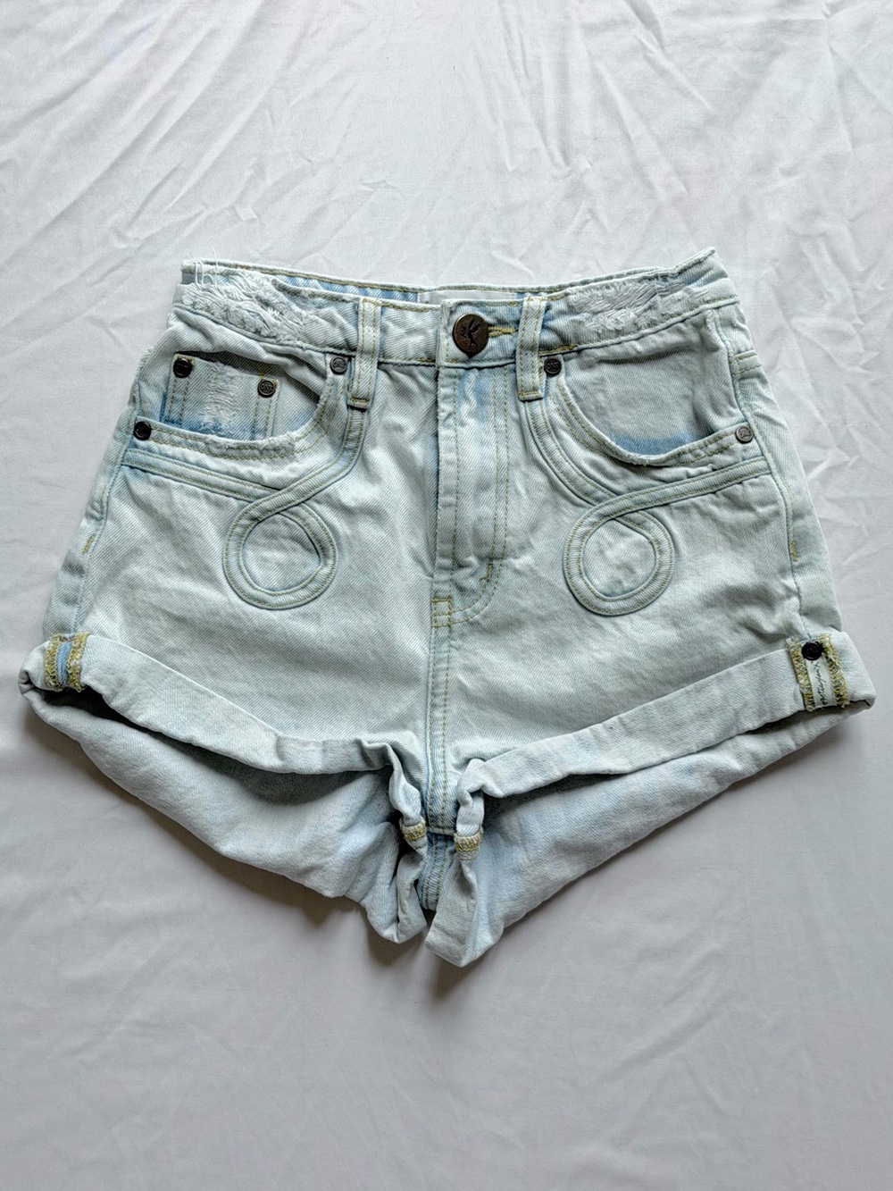One Teaspoon Loop Bandits Light Wash Denim Shorts Stitched Pockets Size 24